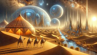 The primary subject of the image is a group of four camels walking across a desert landscape. The setting is a sandy desert with a few buildings in the background. The visual style is a digital art or illustration, creating a vivid and detailed scene. The colors and mood of the image are warm and arid, with the sandy terrain and the camels' presence evoking a sense of adventure and exploration.